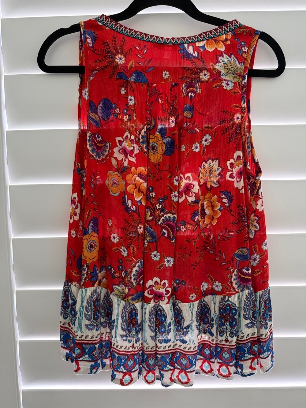 Patrons of Peace Red Floral Boho Tank with Blue-Cream Border - Picture 3 of 3